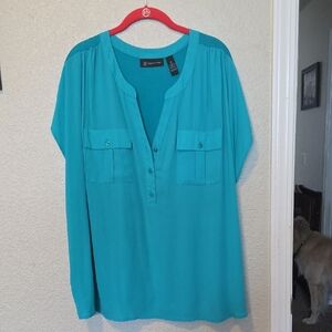 Ellen Tracy Turquoise Split-Neck Buttoned Blouse